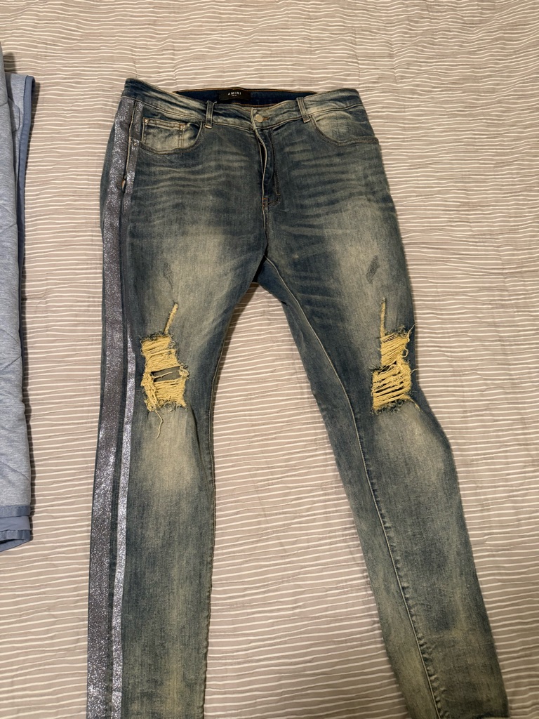 Amiri Distressed Blue Skinny Jeans With Metallic Silver Side Stripe